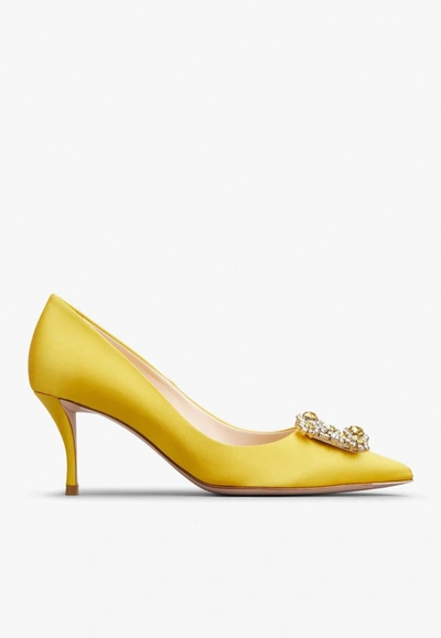 Shop Roger Vivier 65 Flower Strass Buckle Pumps In Satin In Yellow