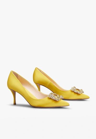 Roger Vivier 65 Flower Strass Buckle Pumps In Satin In Yellow