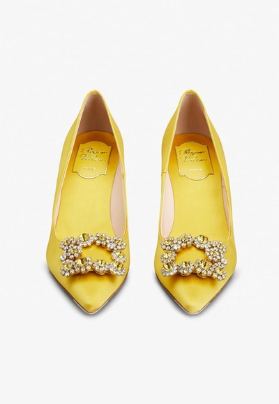Roger Vivier 65 Flower Strass Buckle Pumps In Satin In Yellow