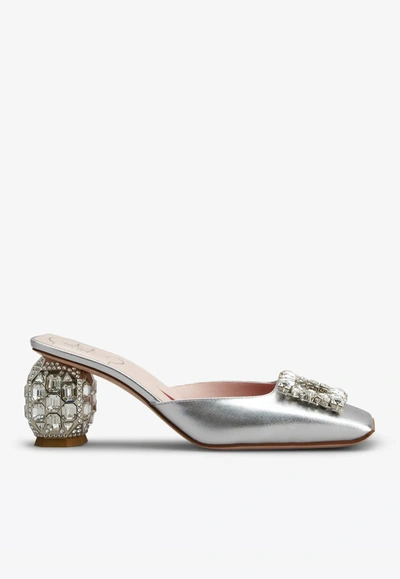 Shop Roger Vivier 65 Rhinestone Buckle Mules In Leather In Silver