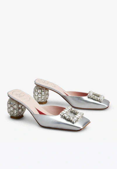 Shop Roger Vivier 65 Rhinestone Buckle Mules In Leather In Silver