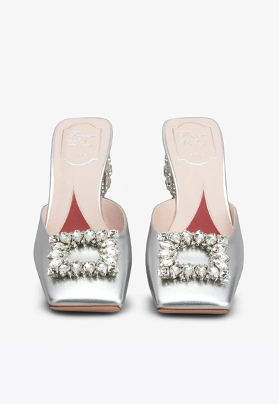 Shop Roger Vivier 65 Rhinestone Buckle Mules In Leather In Silver