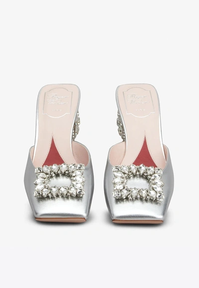 Roger Vivier 65 Rhinestone Buckle Mules In Leather In Silver