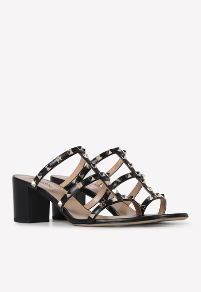 Valentino Garavani Rockstud Calfskin Leather Slide Sandal 60 Mm Woman Marine 39 In Black