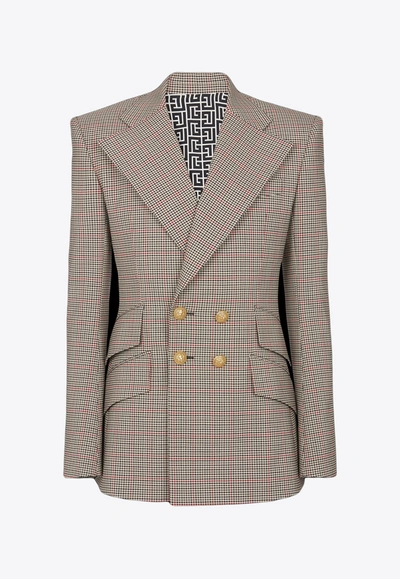Shop Balmain 70s Prince Of Wales Double-breasted Blazer In Gray