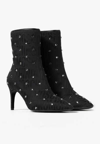 Shop Moschino 75 All-over Jacquard Logo Ankle Boots In Black