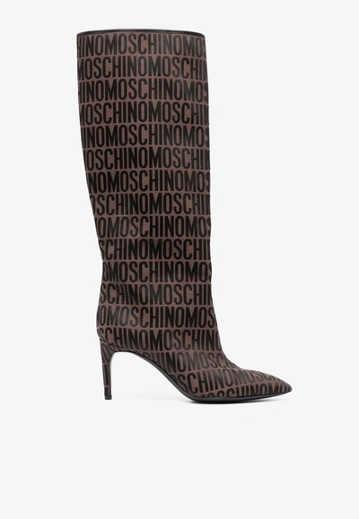 Shop Moschino 75 All-over Logo Knee-high Boots In Brown