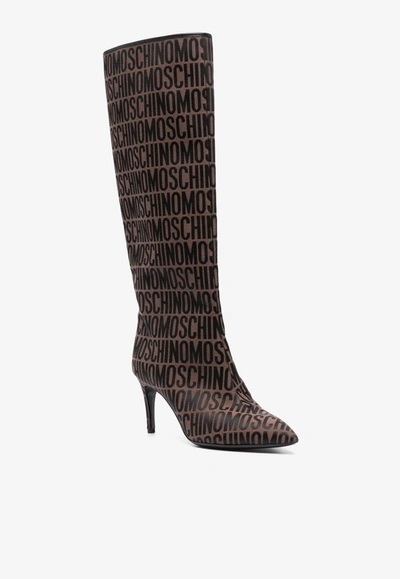 Shop Moschino 75 All-over Logo Knee-high Boots In Brown