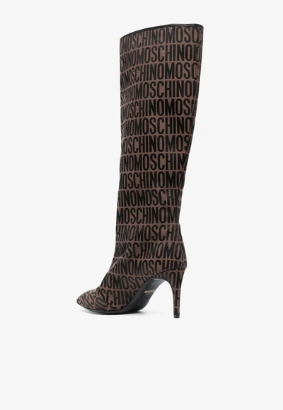 Shop Moschino 75 All-over Logo Knee-high Boots In Brown