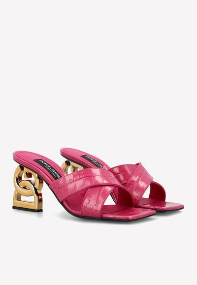 Shop Dolce & Gabbana 75 Croc Embossed Leather Mules In Pink