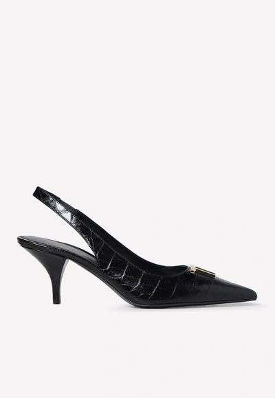 Shop Tom Ford 75 Slingback Pumps In Croc Embossed Leather In Black