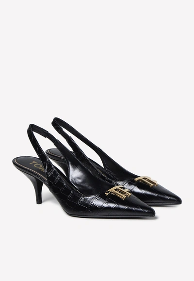 Shop Tom Ford 75 Slingback Pumps In Croc Embossed Leather In Black