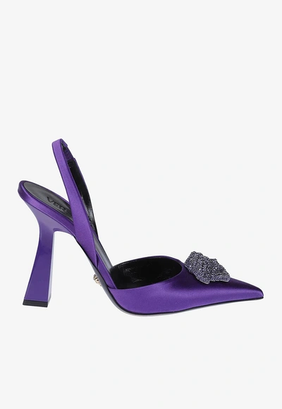 Shop Versace 80 Crystal Embellished Medusa Slingback Pumps In Satin In Purple