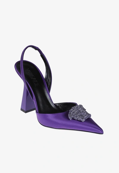 Shop Versace 80 Crystal Embellished Medusa Slingback Pumps In Satin In Purple