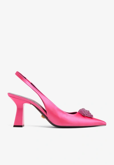 Shop Versace 80 Crystal Embellished Medusa Slingback Pumps In Satin In Pink