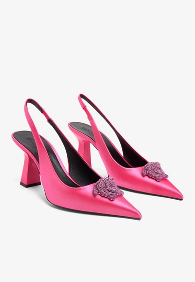 Shop Versace 80 Crystal Embellished Medusa Slingback Pumps In Satin In Pink