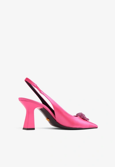 Shop Versace 80 Crystal Embellished Medusa Slingback Pumps In Satin In Pink