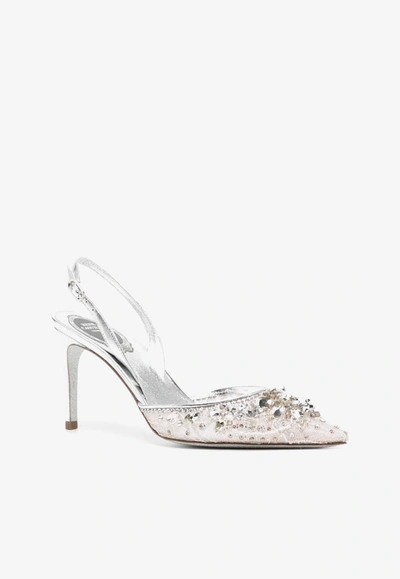 Shop René Caovilla 80 Crystal-embellished Pointed Pumps In Silver