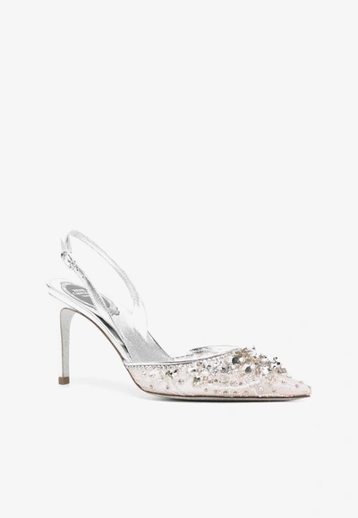 René Caovilla 80 Crystal-embellished Pointed Pumps In Silver