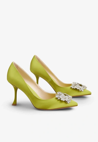 Shop Roger Vivier 85 Bouquet Strass Buckle Pumps In Satin In Yellow