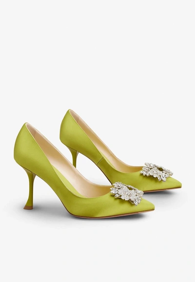 Roger Vivier 85 Bouquet Strass Buckle Pumps In Satin In Yellow