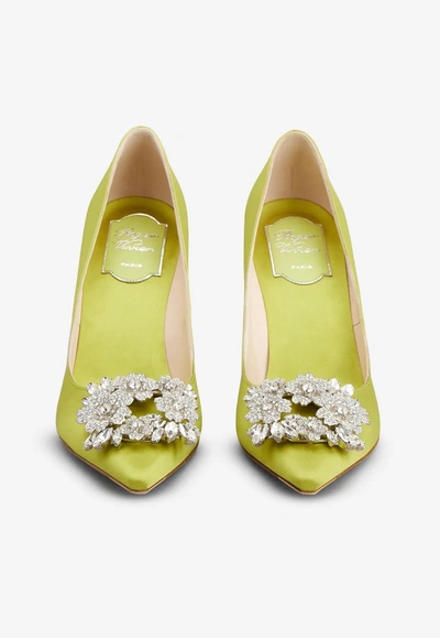 Roger Vivier 85 Bouquet Strass Buckle Pumps In Satin In Yellow