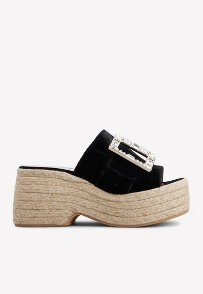 Shop Roger Vivier 85 Crystal Buckle Espadrilles Mules In Velvet In Black