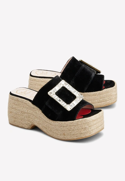 Shop Roger Vivier 85 Crystal Buckle Espadrilles Mules In Velvet In Black