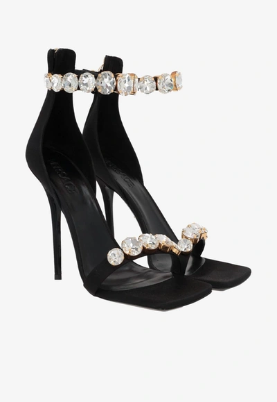 Shop Versace 85 Crystal-embellished Satin Sandals In Black