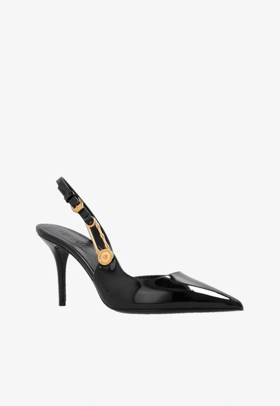Shop Versace 90 Pointed Leather Pumps In Black