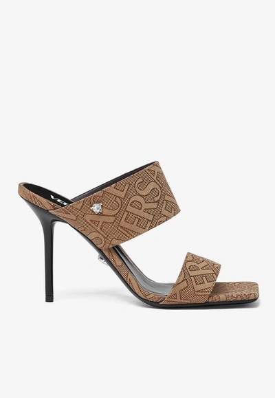 Shop Versace 95 All-over Logo Mules In Brown