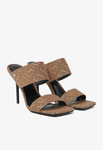 Shop Versace 95 All-over Logo Mules In Brown