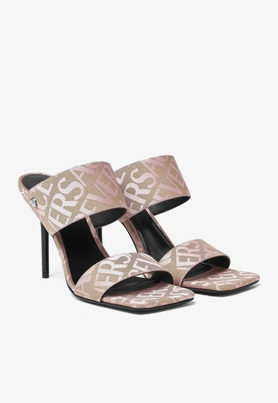 Versace Embroidered Jacquard Cavas Allover Mules In Pink