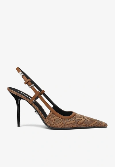 Shop Versace 95 Logo Slingback Pumps In Brown