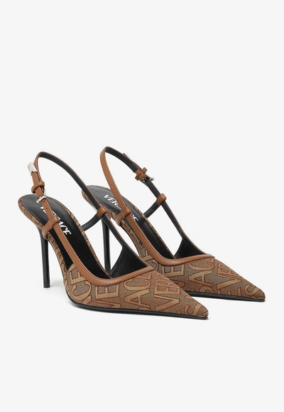 Versace Allover Slingback Pumps In Brown