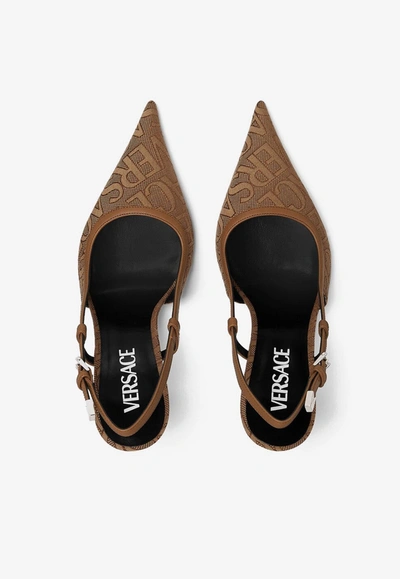 Shop Versace 95 Logo Slingback Pumps In Brown