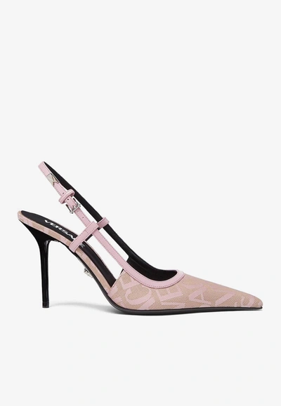 Versace Leather-trimmed Logo-jacquard Canvas Slingback Pumps In Pink