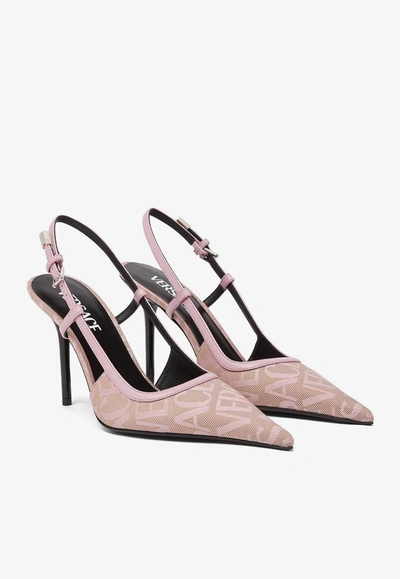 Versace Leather-trimmed Logo-jacquard Canvas Slingback Pumps In Pink