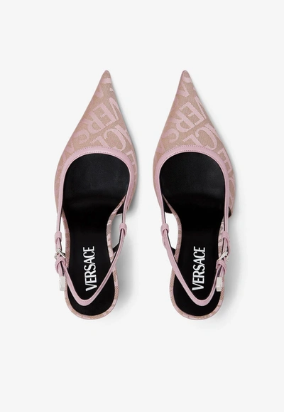 Versace Leather-trimmed Logo-jacquard Canvas Slingback Pumps In Pink