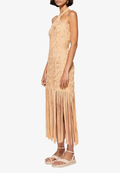 Simkhai Alisa Yarn Cutout Embroidered Fringe Midi Dress In Beige