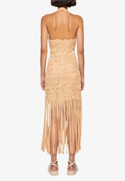 Simkhai Alisa Yarn Cutout Embroidered Fringe Midi Dress In Beige