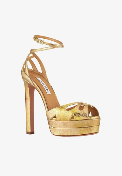 Shop Aquazzura All Dolled Up 140 Sandals In Metallic Leather In Gold