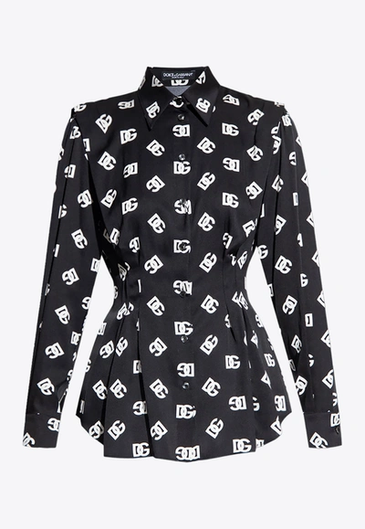 Shop Dolce & Gabbana All-over Dg Logo Long-sleeved Silk Shirt In Black