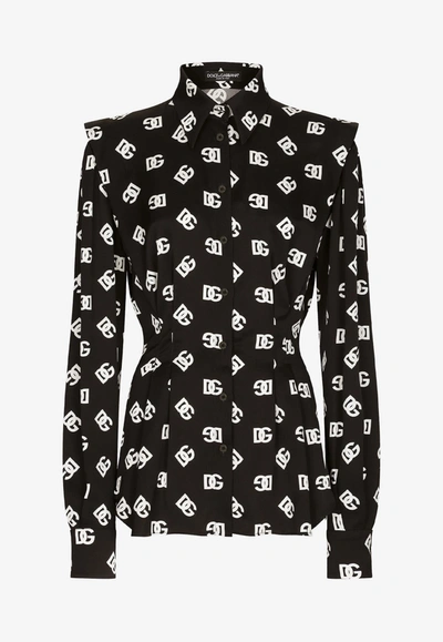 Dolce & Gabbana Logo Silk-blend Charmeuse Shirt In Monochrome