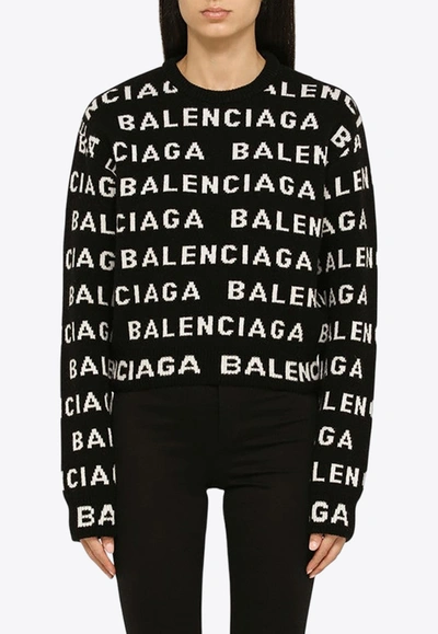 Shop Balenciaga All-over Embroidered Logo Sweater In Black