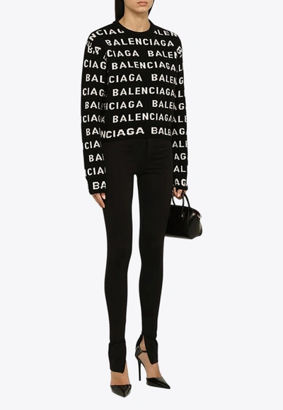 Shop Balenciaga All-over Embroidered Logo Sweater In Black