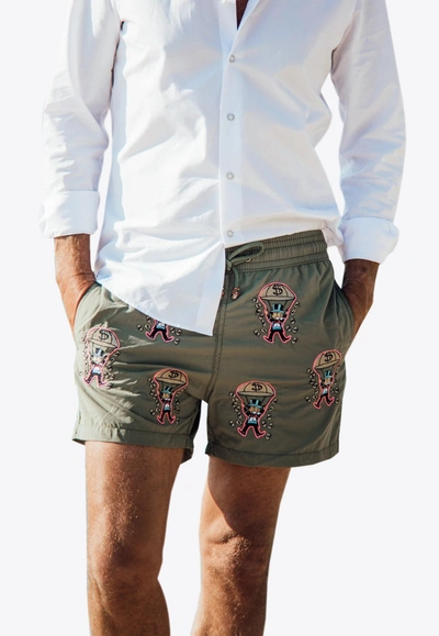 Shop Les Canebiers All-over Golden Embroidered Swim Shorts In Khaki