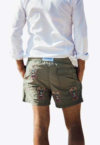Shop Les Canebiers All-over Golden Embroidered Swim Shorts In Khaki