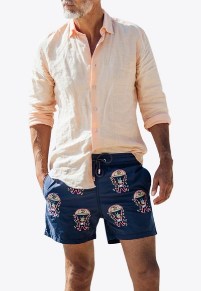 Shop Les Canebiers All-over Golden Embroidered Swim Shorts In Blue