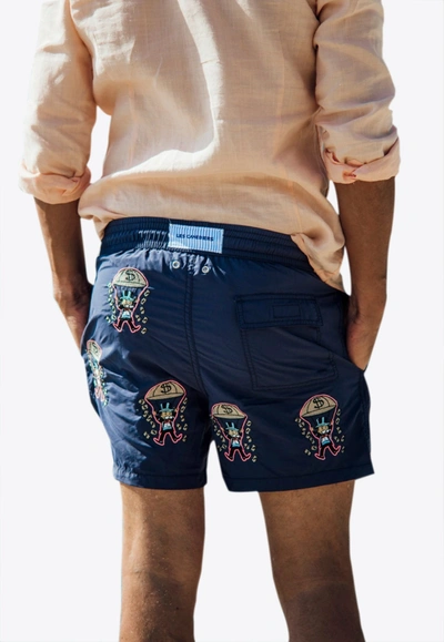 Shop Les Canebiers All-over Golden Embroidered Swim Shorts In Blue